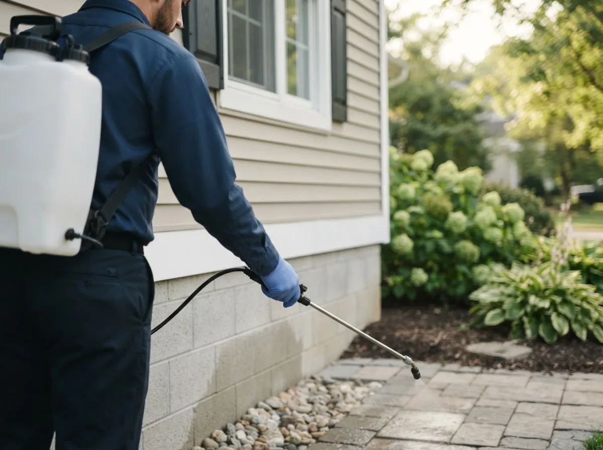 Pest control technician inspecting a home in Summerfield, TX